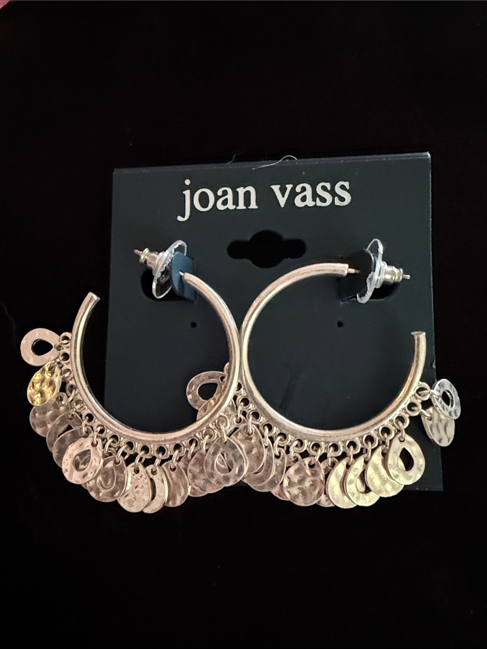 NWT Joan Vass Silver Hoop Earrings for women with Hammered Disc Fringe 1.5”